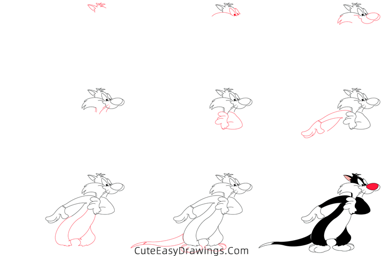 how to draw sylvester from looney tunes - www.cuteeasydrawings.com