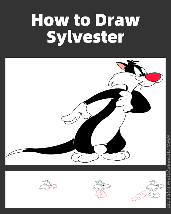 how to draw sylvester from looney tunes - www.cuteeasydrawings.com