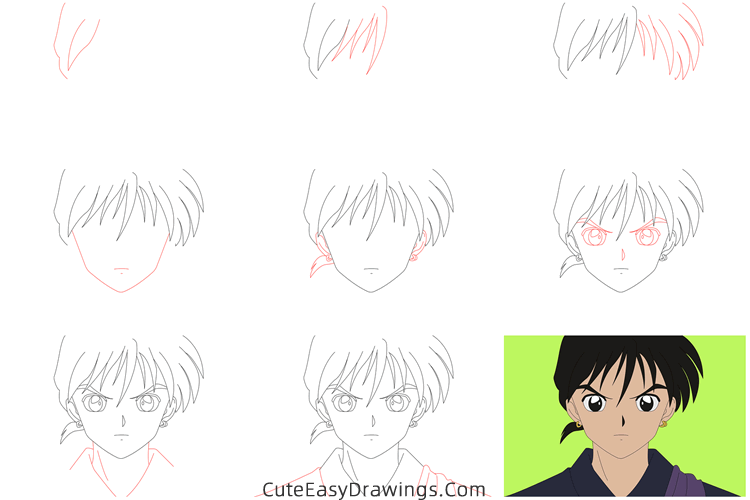 how to draw miroku from inuYasha - www.cuteeasydrawings.com