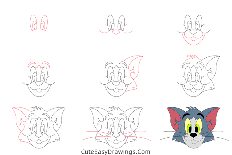 how to draw tom face from tom and jerry - www.cuteeasydrawings.com