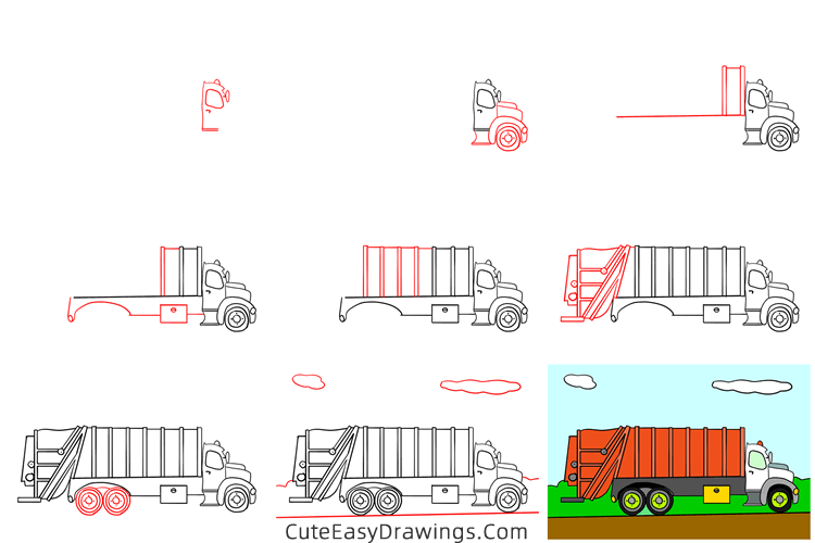 how to draw a garbage truck - www.cuteeasydrawings.com