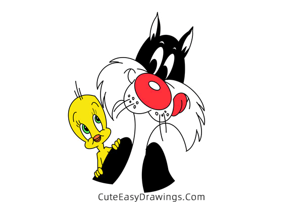 how to draw tweety bird and sylvester - www.cuteeasydrawings.com