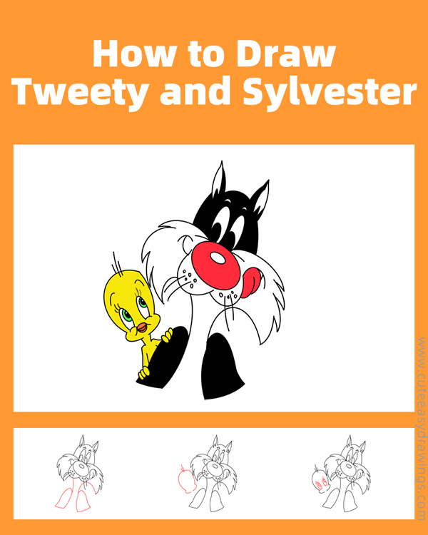 how to draw tweety bird and sylvester - www.cuteeasydrawings.com