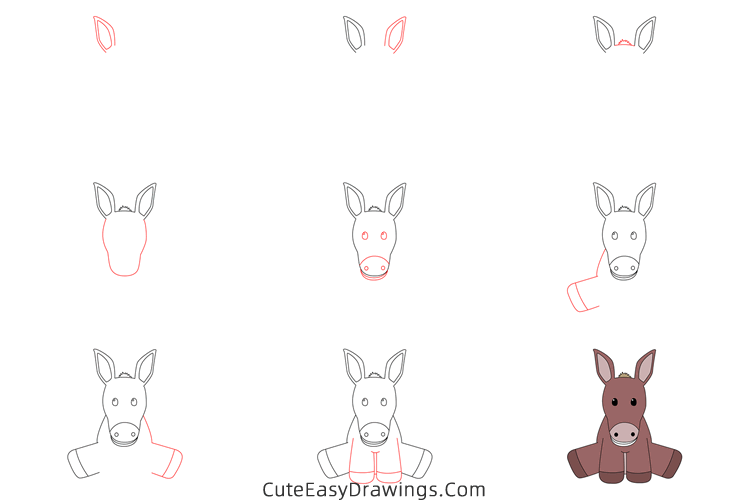 how to draw a cute donkey - www.cuteeasydrawings.com