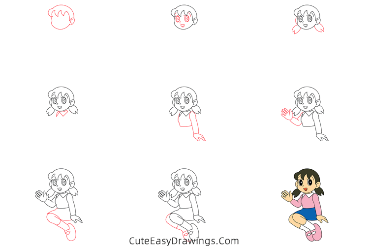 how to draw shizuka minamoto from doraemon - www.cuteeasydrawings.com