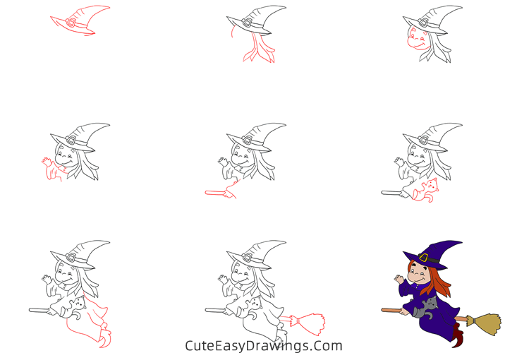 how to draw a witch on a broomstick - www.cuteeasydrawings.com