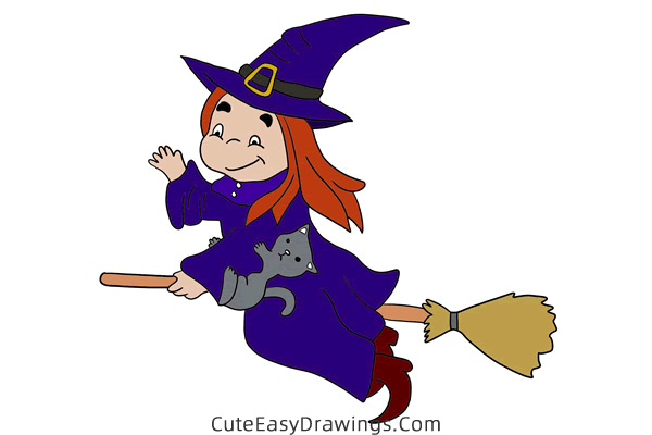 how to draw a witch on a broomstick - www.cuteeasydrawings.com