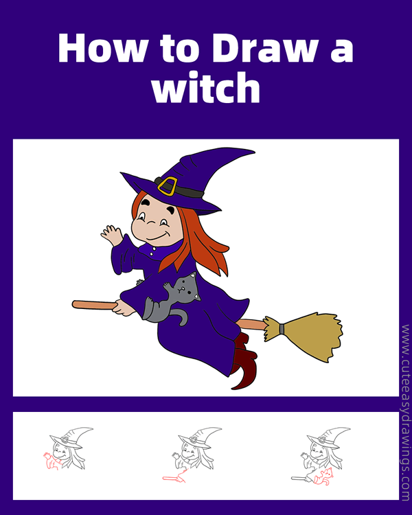 how to draw a witch on a broomstick - www.cuteeasydrawings.com