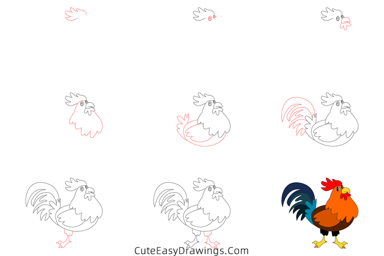 how to draw a rooster - www.cuteeasydrawings.com