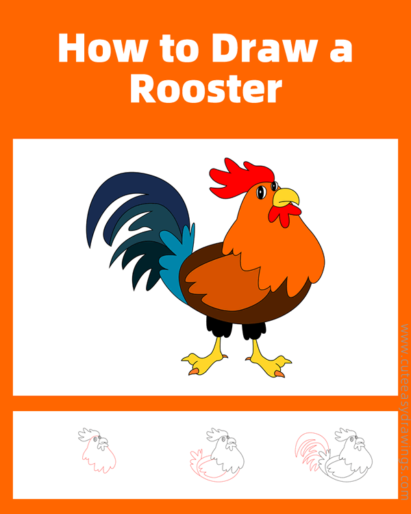 how to draw a rooster - www.cuteeasydrawings.com