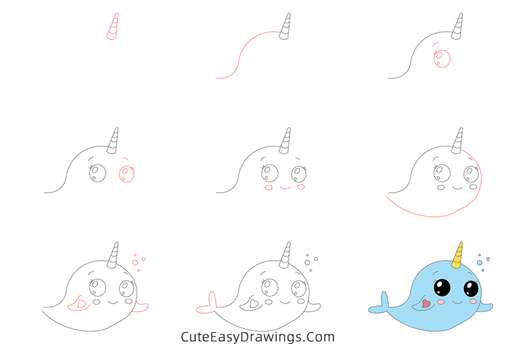 how to draw a narwhal - www.cuteeasydrawings.com