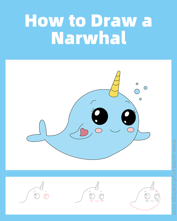 how to draw a narwhal - www.cuteeasydrawings.com