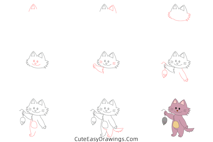 how to draw a cat with a mouse - www.cuteeasydrawings.com