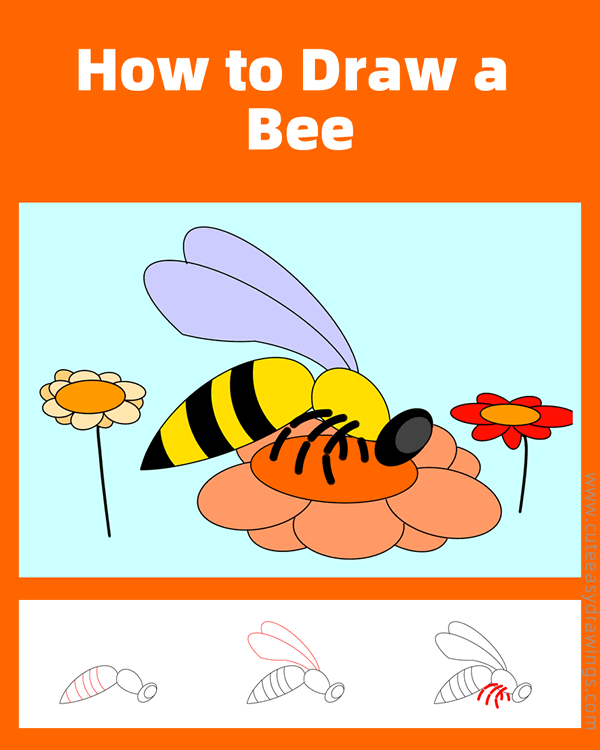 how to draw a bee on a flower - www.cuteeasydrawings.com