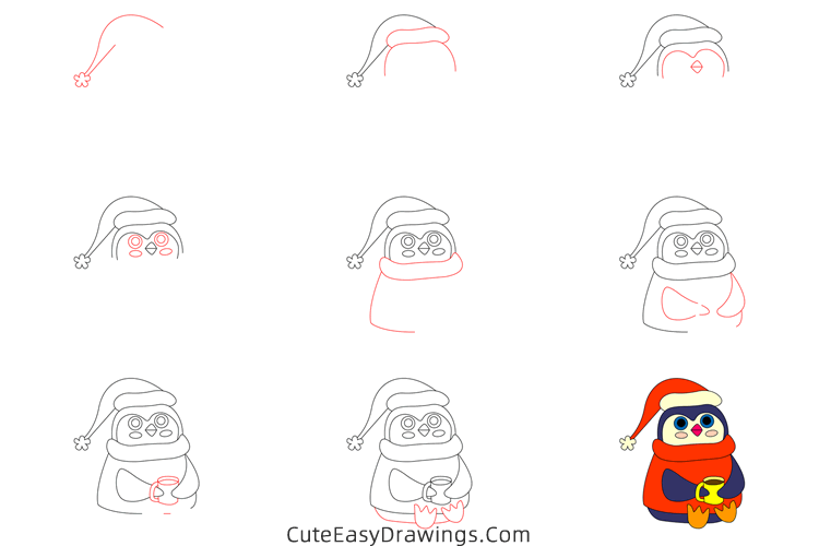 how to draw a christmas penguin - www.cuteeasydrawings.com