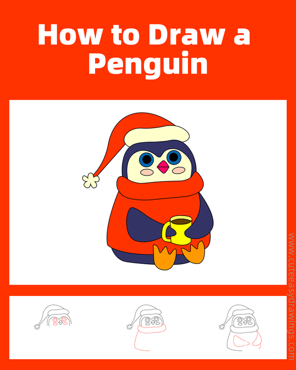 how to draw a christmas penguin - www.cuteeasydrawings.com