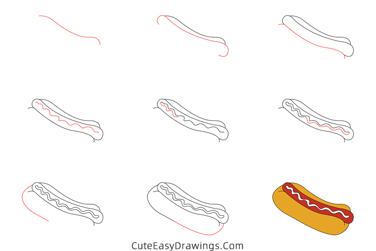 how to draw a hot dog - www.cuteeasydrawings.com