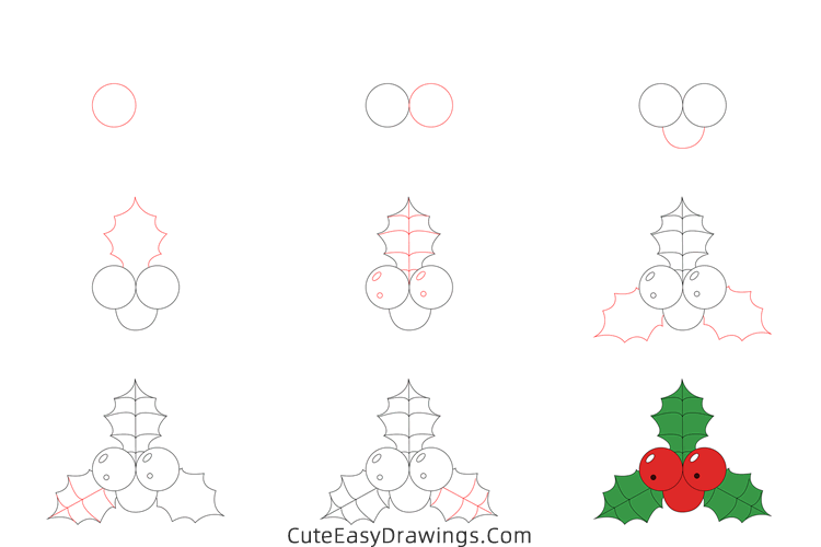 how to draw holly for christmas - www.cuteeasydrawings.com