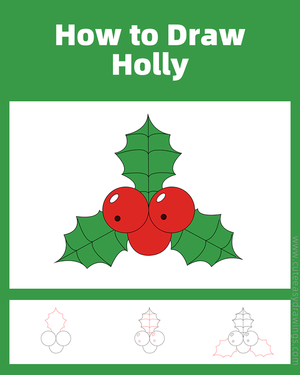 how to draw holly for christmas - www.cuteeasydrawings.com