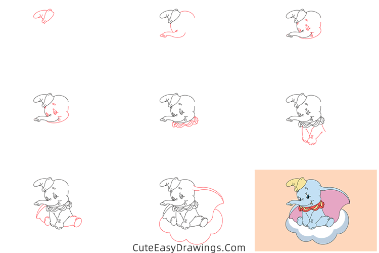 how to draw dumbo the elephant - www.cuteeasydrawings.com