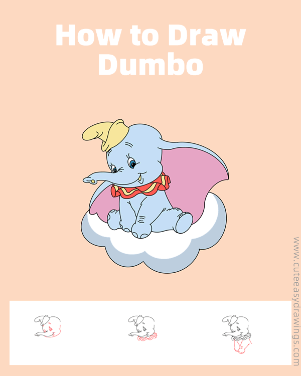 how to draw dumbo the elephant - www.cuteeasydrawings.com