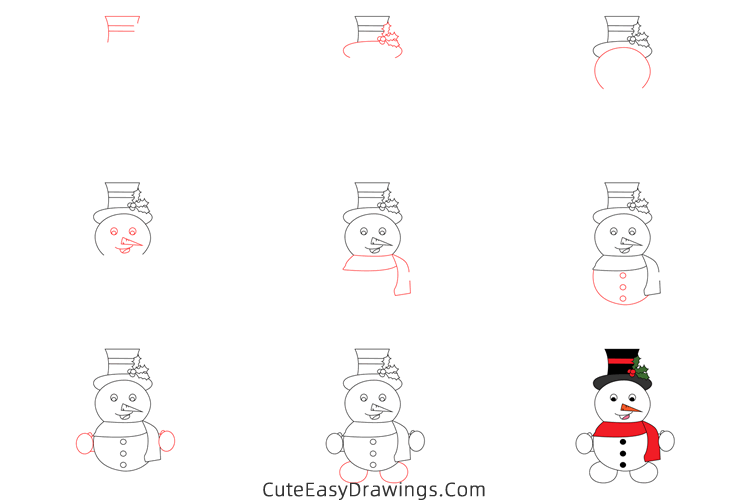 how to draw a christmas snowman - www.cuteeasydrawings.com