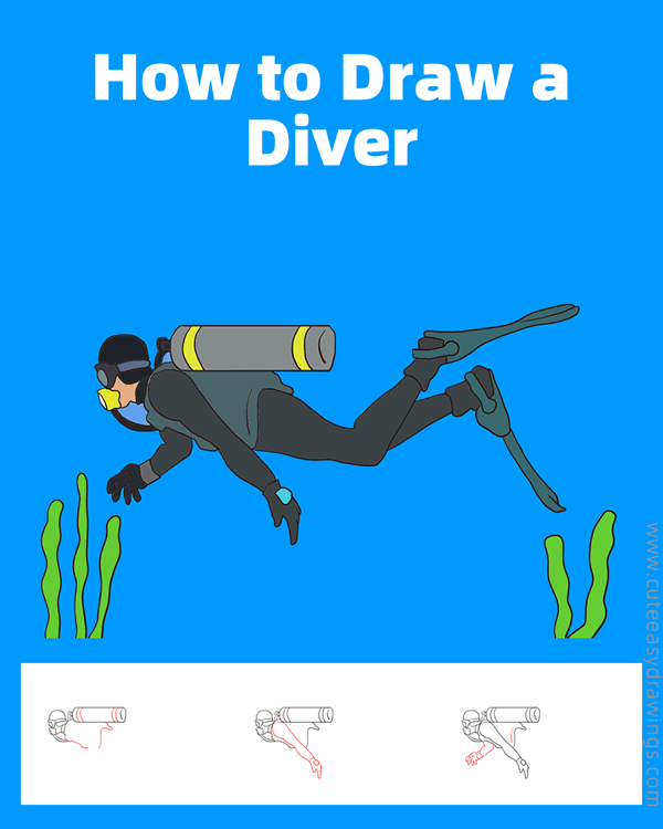 how to draw a scuba diver - www.cuteeasydrawings.com