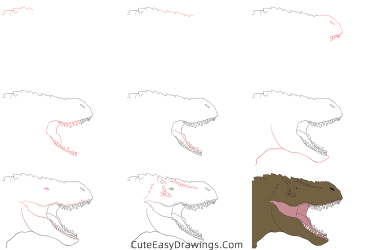 how to draw a realistic t rex head - www.cuteeasydrawings.com