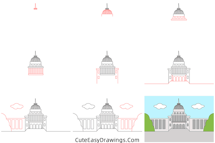 how to draw the white house - www.cuteeasydrawings.com