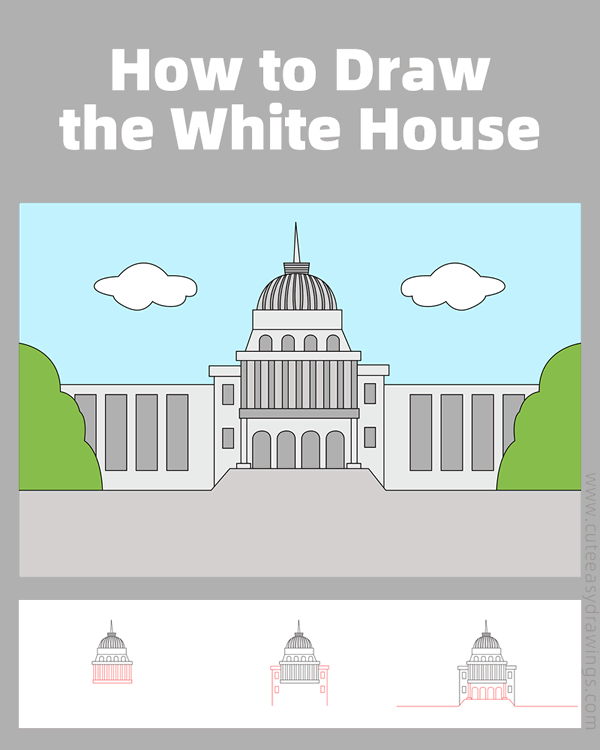 how to draw the white house - www.cuteeasydrawings.com