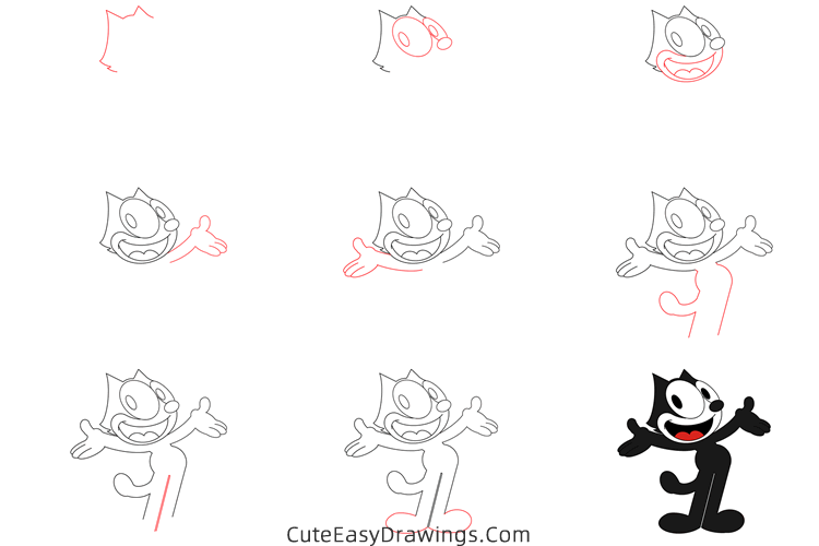 how to draw felix the cat - www.cuteeasydrawings.com