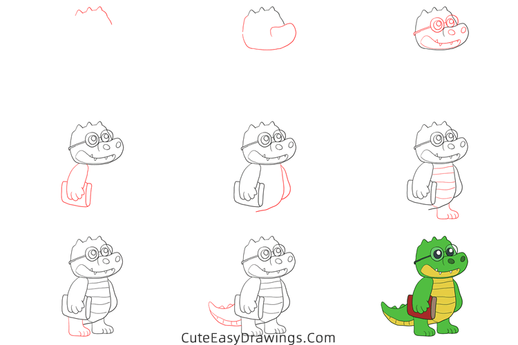 how to draw a cartoon alligator - www.cuteeasydrawings.com