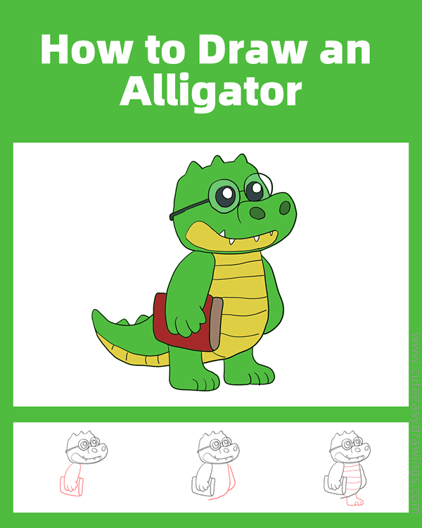 how to draw a cartoon alligator - www.cuteeasydrawings.com