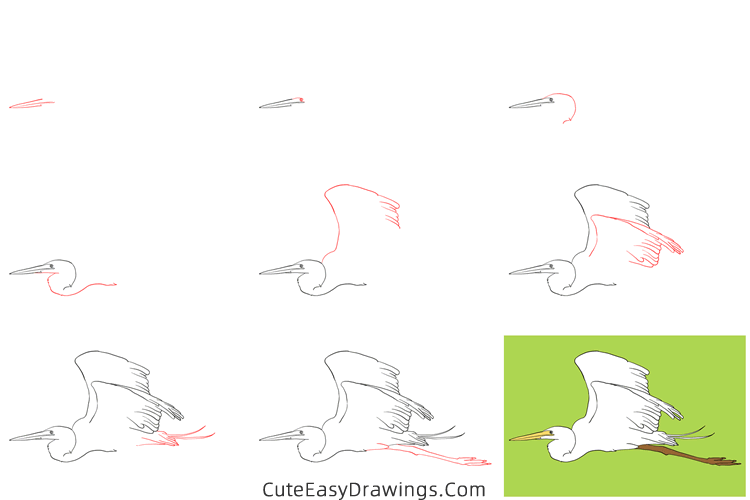 how to draw a great egret - www.cuteeasydrawings.com