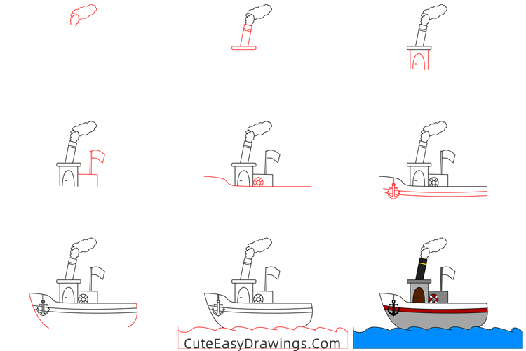 how to draw a steamboat - www.cuteeasydrawings.com