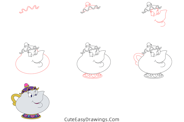 how to draw mrs potts from beauty and the beast - www.cuteeasydrawings.com