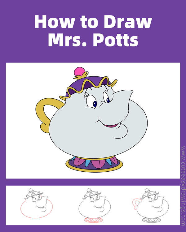 how to draw mrs potts from beauty and the beast - www.cuteeasydrawings.com