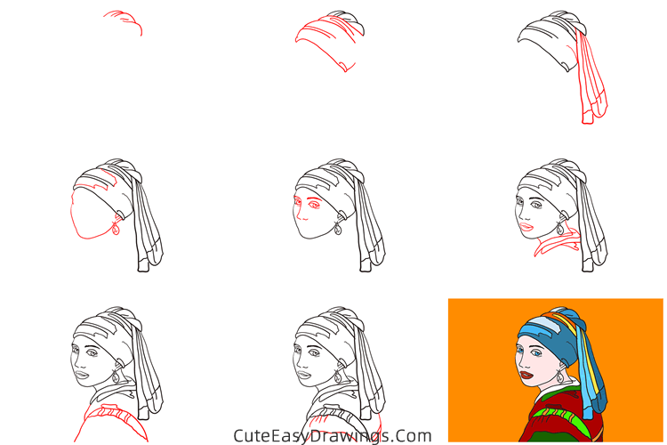 how to draw girl with a pearl earring - www.cuteeasydrawings.com