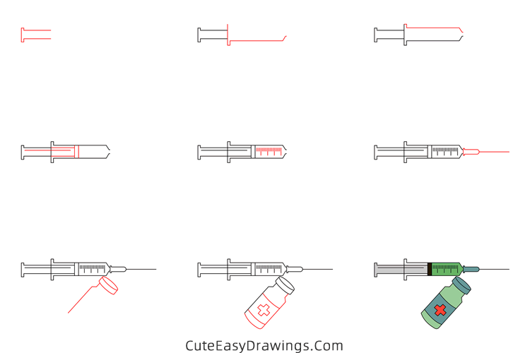 how to draw a syringe and a vaccine - www.cuteeasydrawings.com