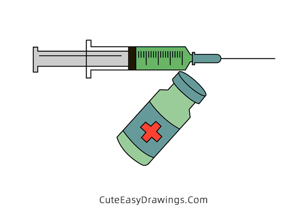 how to draw a syringe and a vaccine - www.cuteeasydrawings.com